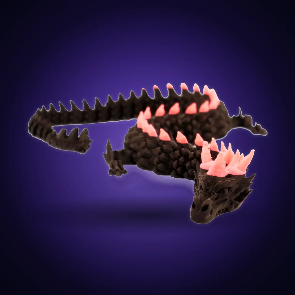 Dragon articulé imprimé en 3D, noir aux épines roses