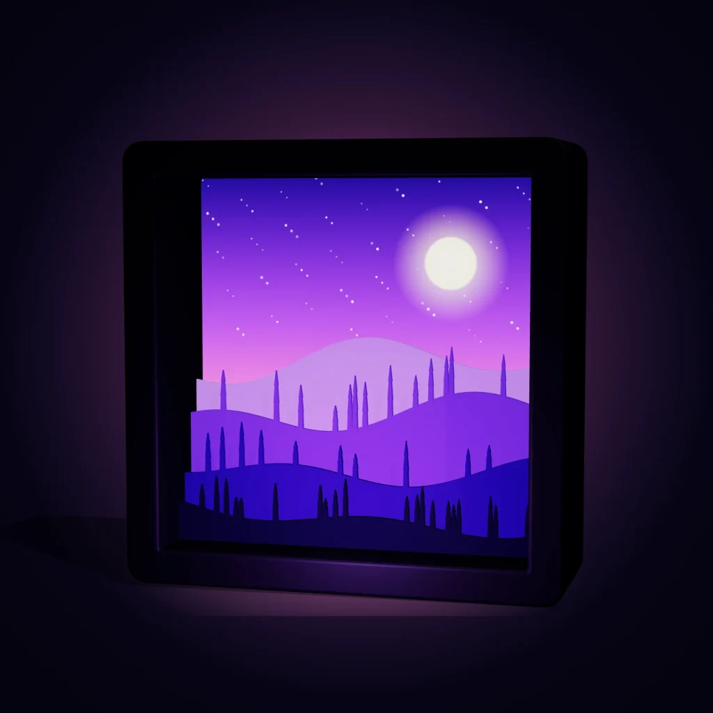 Boîte lumineuse imprimée en 3D, allumée : ciel étoilé, lune et montagnes rétroéclairés