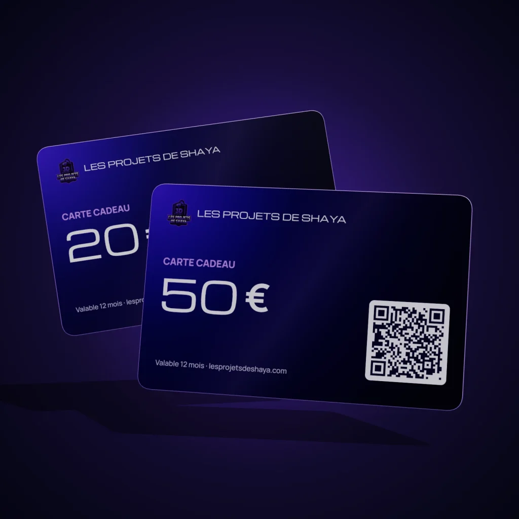 Carte cadeau Les projets de Shaya de 10 à 50 €, avec QR code