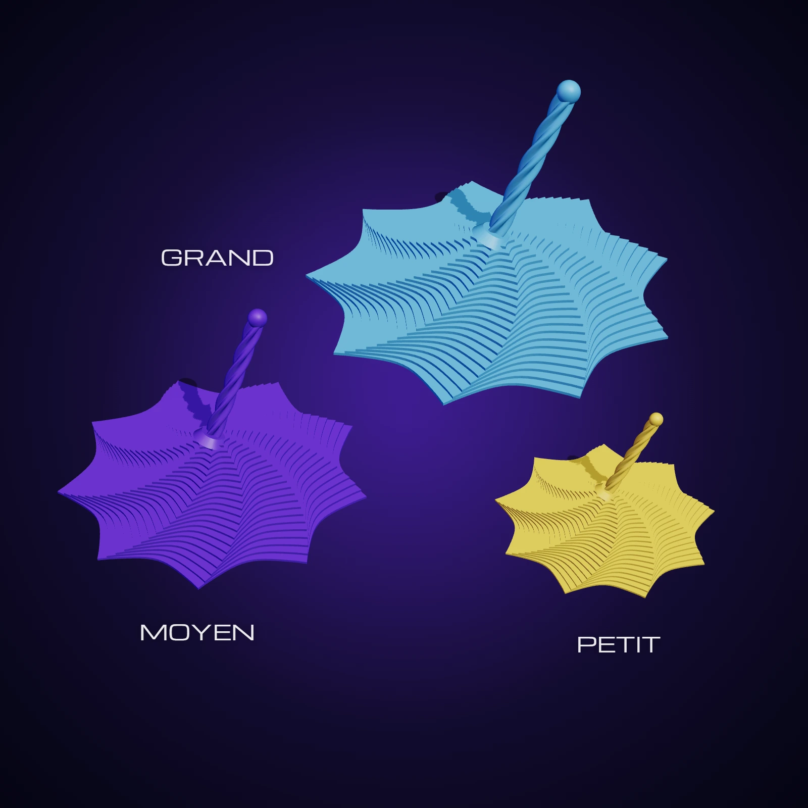 Les trois tailles du fidget spirale : petit, moyen et grand